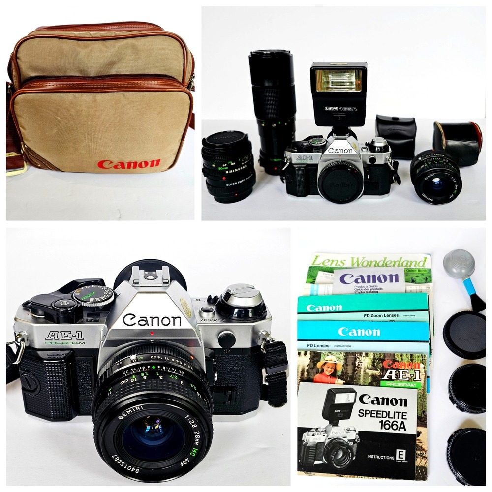 80s Vintage Canon AE-1 Program 35mm SLR Film Camera Kit w/ Lenses Flash and Bag